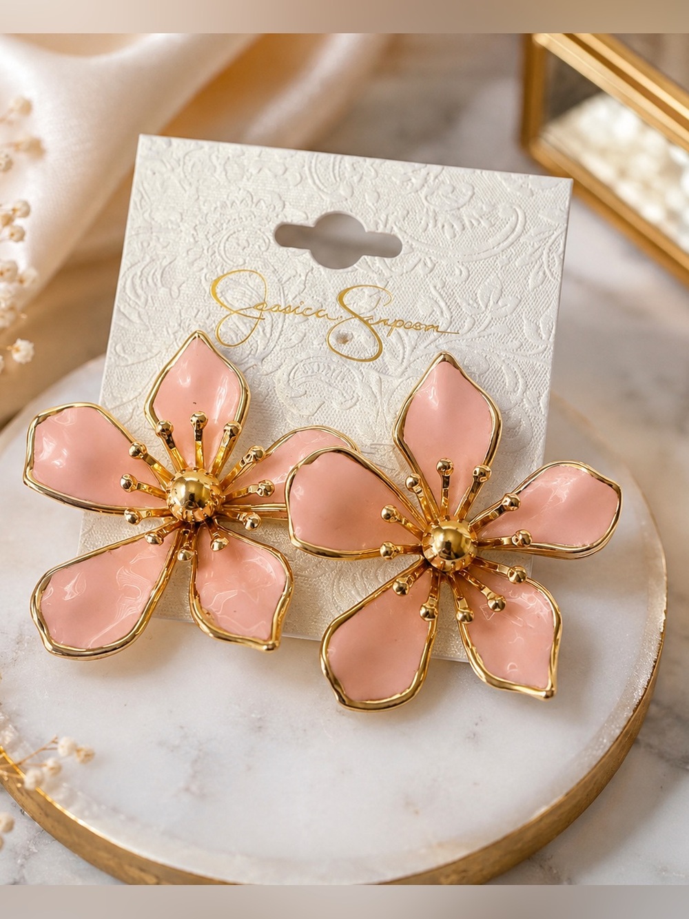 Jessica Simpson Blush Pink Floral Brooch Set with Gold Trim